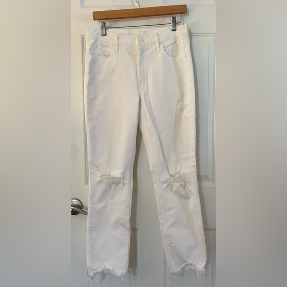 MOTHER Denim - MOTHER “The Flirt” Mid Rise White Distressed Skinny Leg Ankle Jeans